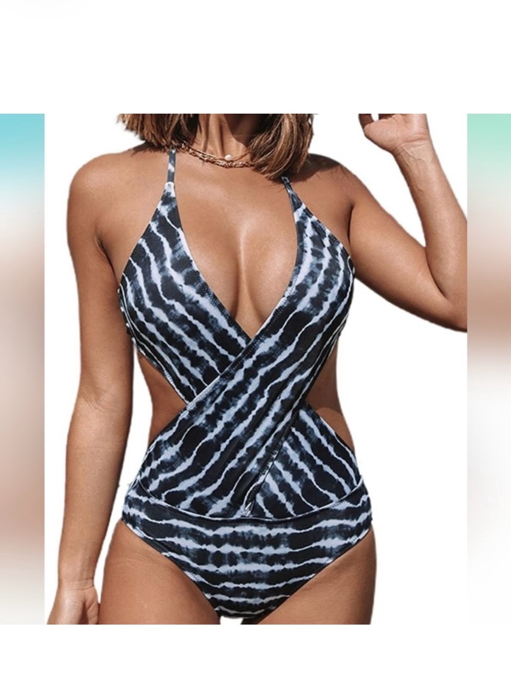 VENUS Black and White Tie-Dye One-Piece Swimsuit